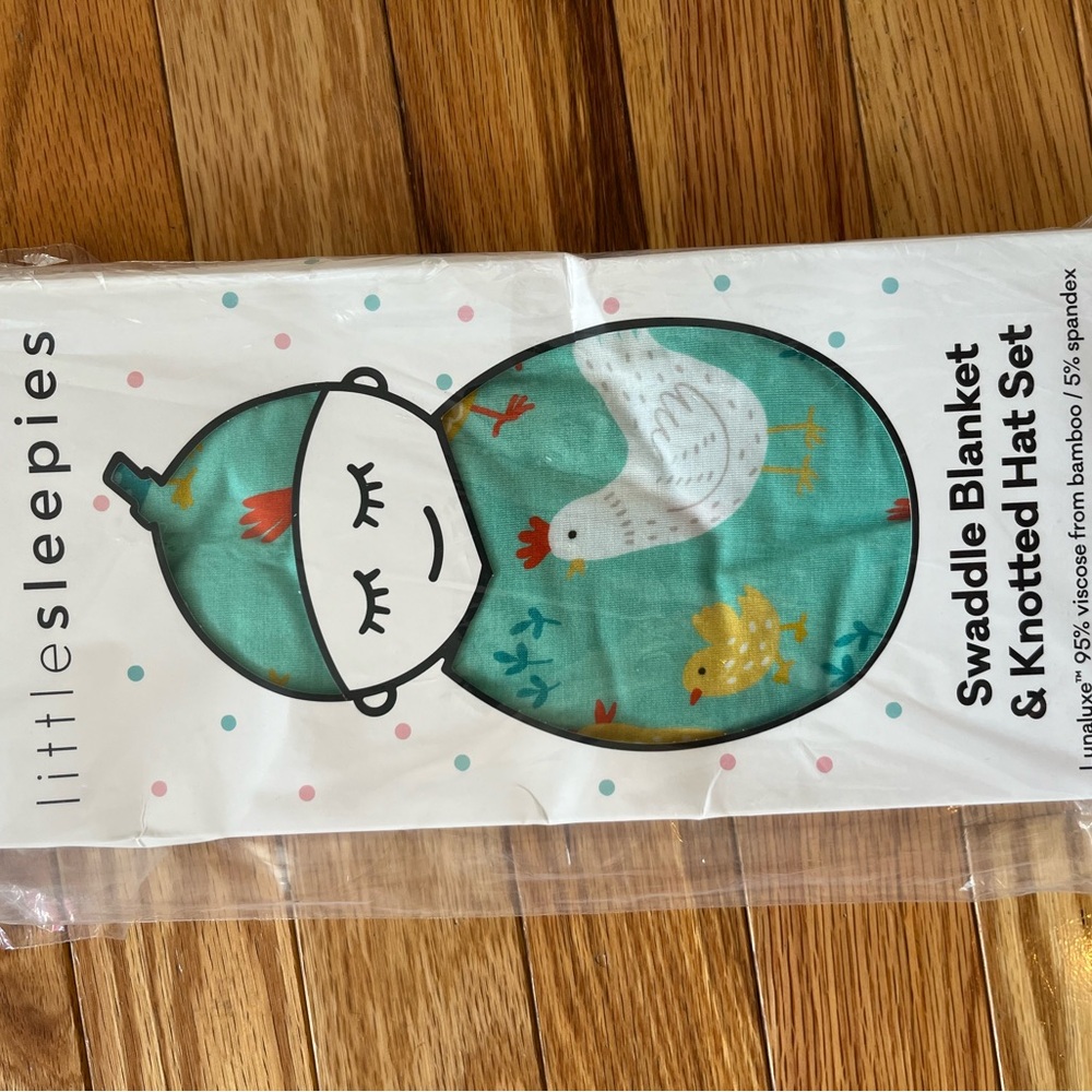 Little Sleepies Teal Knotted Hat with Chicken Print